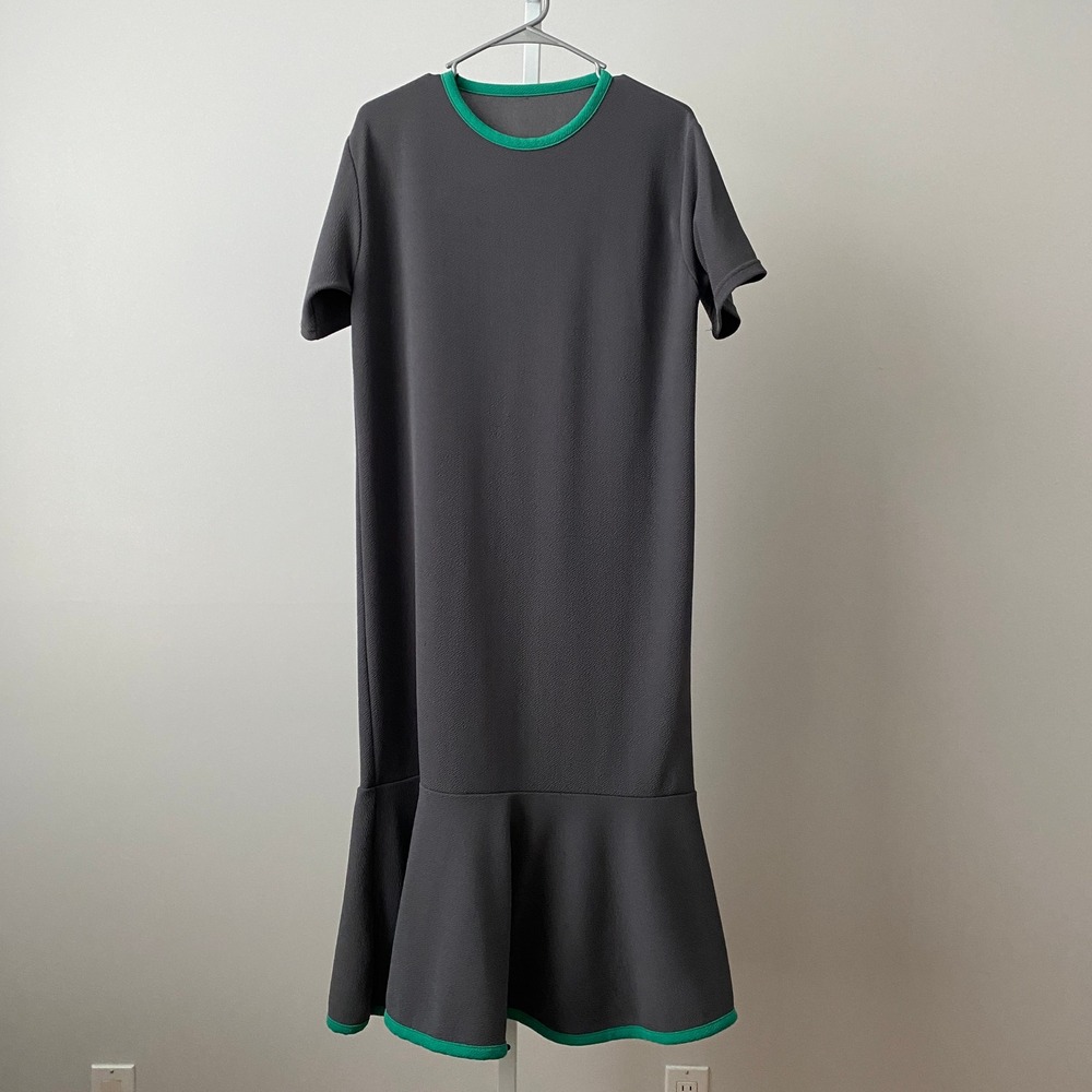 Minimalist‎ Lagenlook M Gray Green Trim Mermaid Hem Midi Dress Modernist